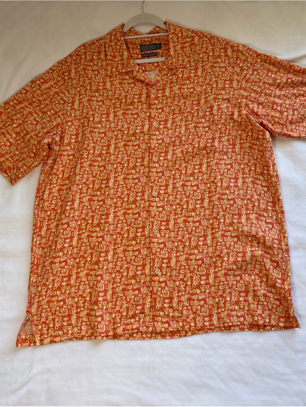 Talbots Men’s XL Camp Shirt Orange Yellow Geometric Box Print Casual Silk,Cotton